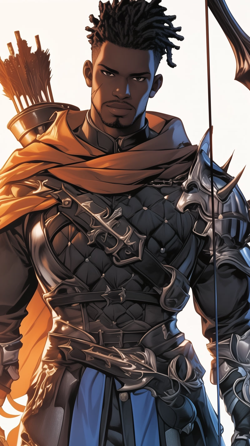 Black human male archer with ornate mechanical bow