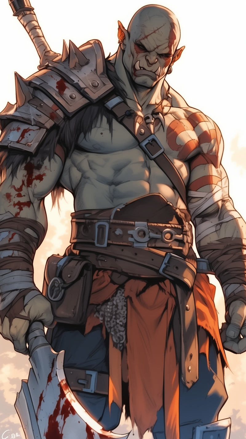 Green Orc barbarian covered in blood